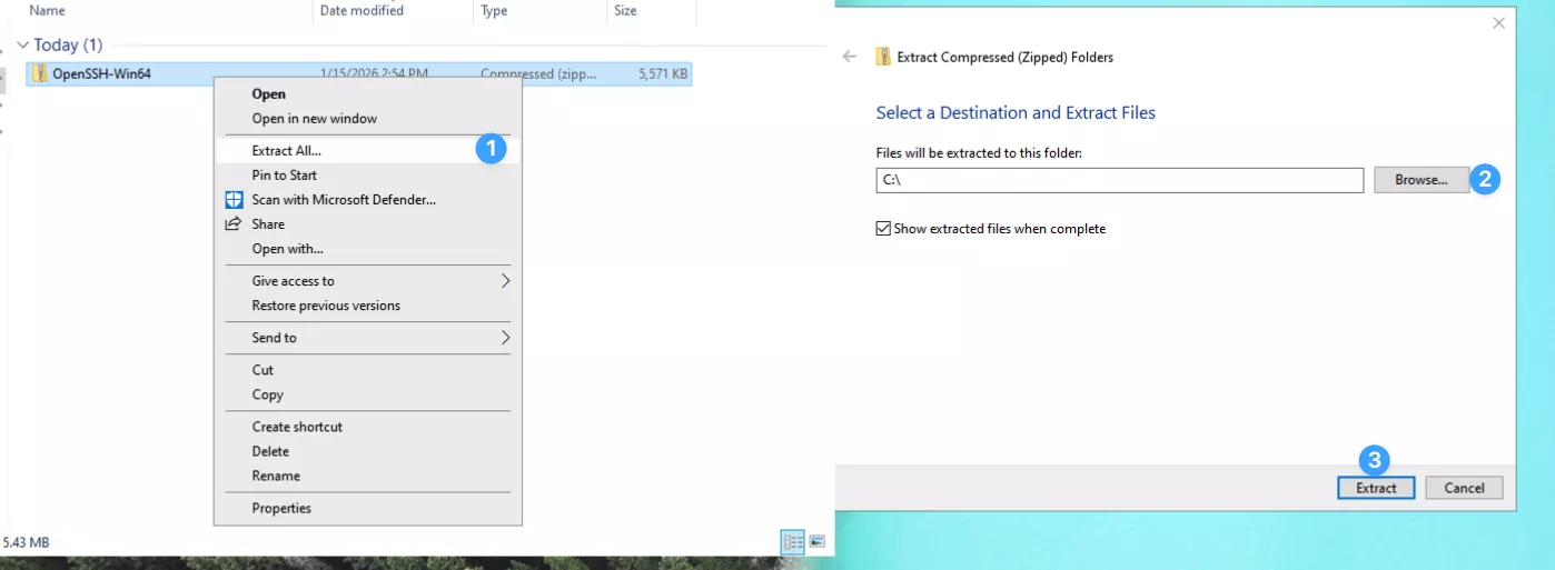 Tải về và giải nén file OpenSSH 