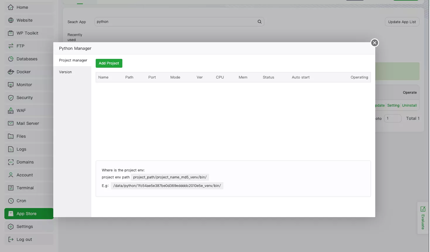 Giao diện Python Manager 