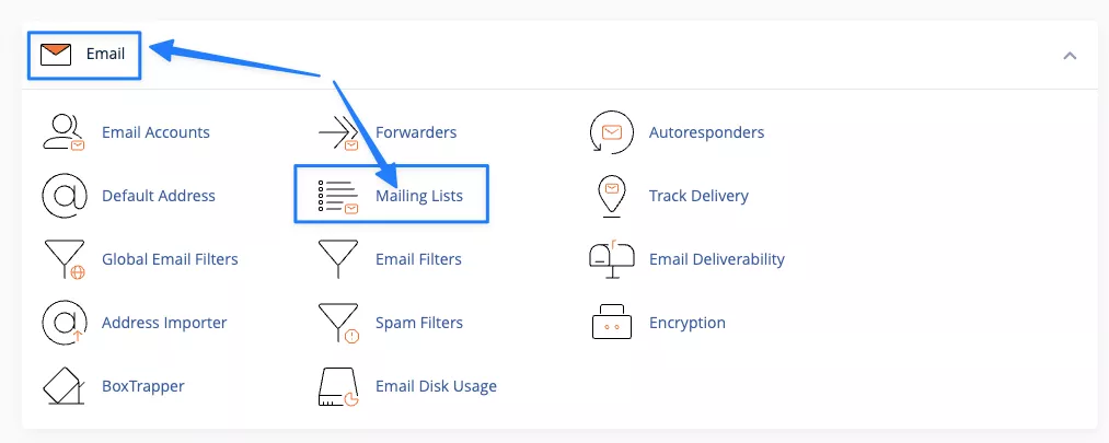 Truy cập mục Mailing Lists 