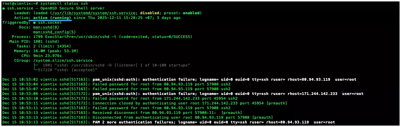 Kiểm tra trạng thái dịch vụ SSH trên VPS 