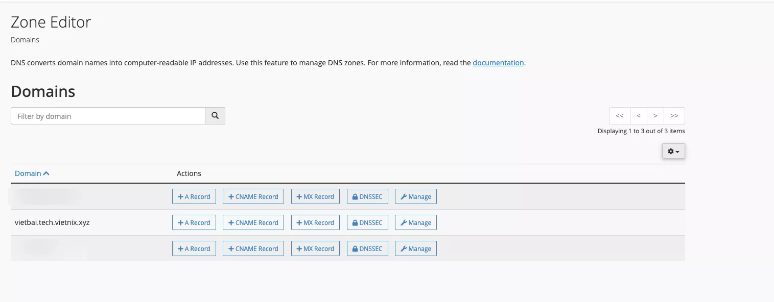 Danh sách các domain đang được quản lý 