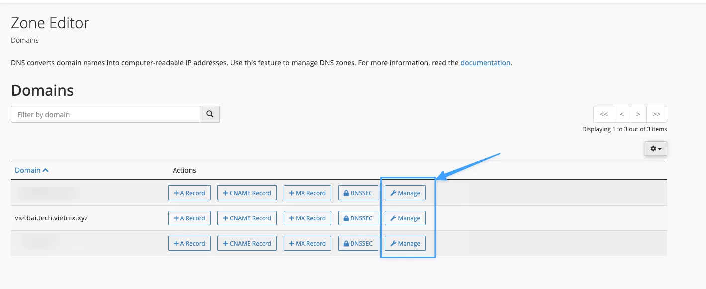 Nhấn Manage để xem và chỉnh sửa chi tiết các bản ghi DNS 
