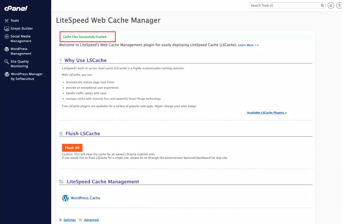 Thông báo xóa cache đã hoàn tất 