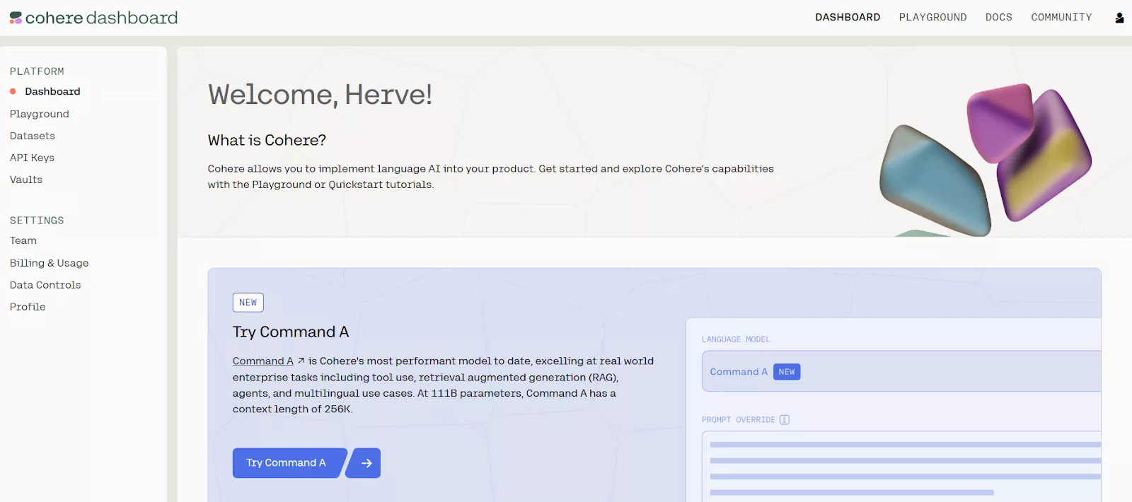 Giao diện trang web nhà cung cấp Cohere 