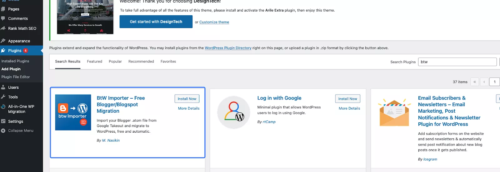Cài đặt plugin BtW Importer – Free Blogger/Blogspot Migration 