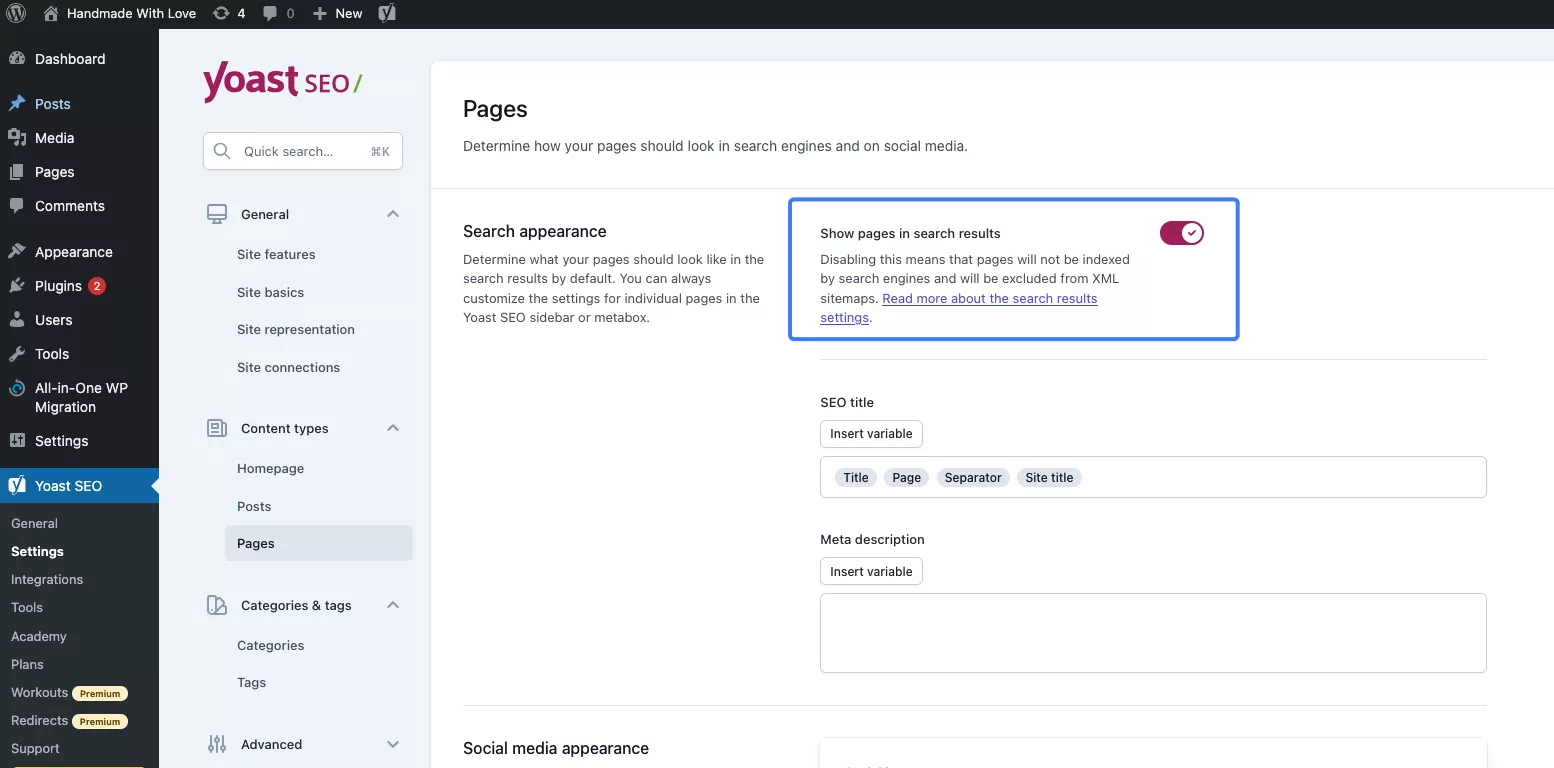 Bật tùy chọn Show in search results trong Yoast SEO 