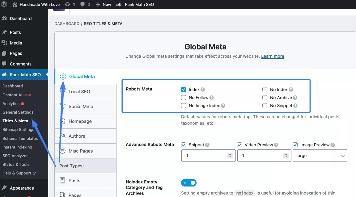 Thiết lập index trong Rank Math 