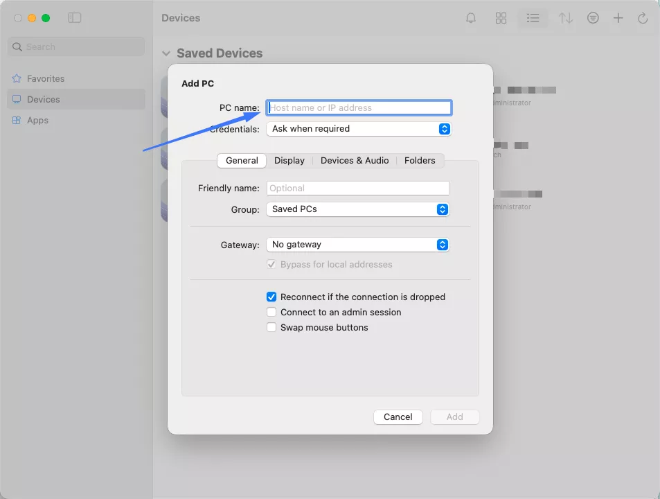 Điền tên PC hoặc IP  