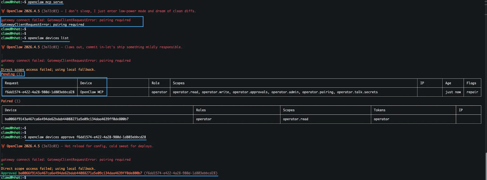 Khởi tạo kết nối MCP với OpenClaw