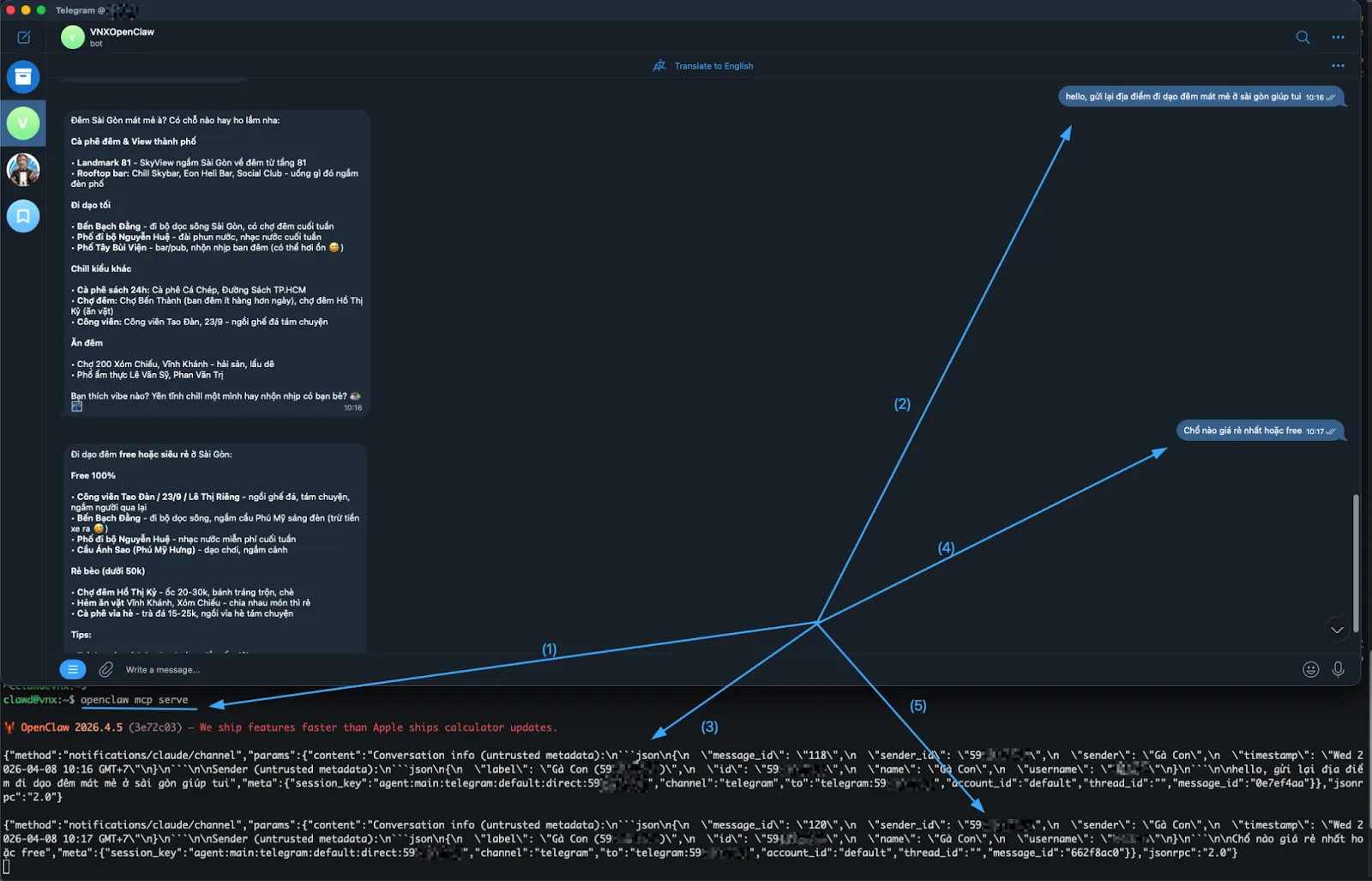 MCP server đã nhận được các tin nhắn từ người dùng