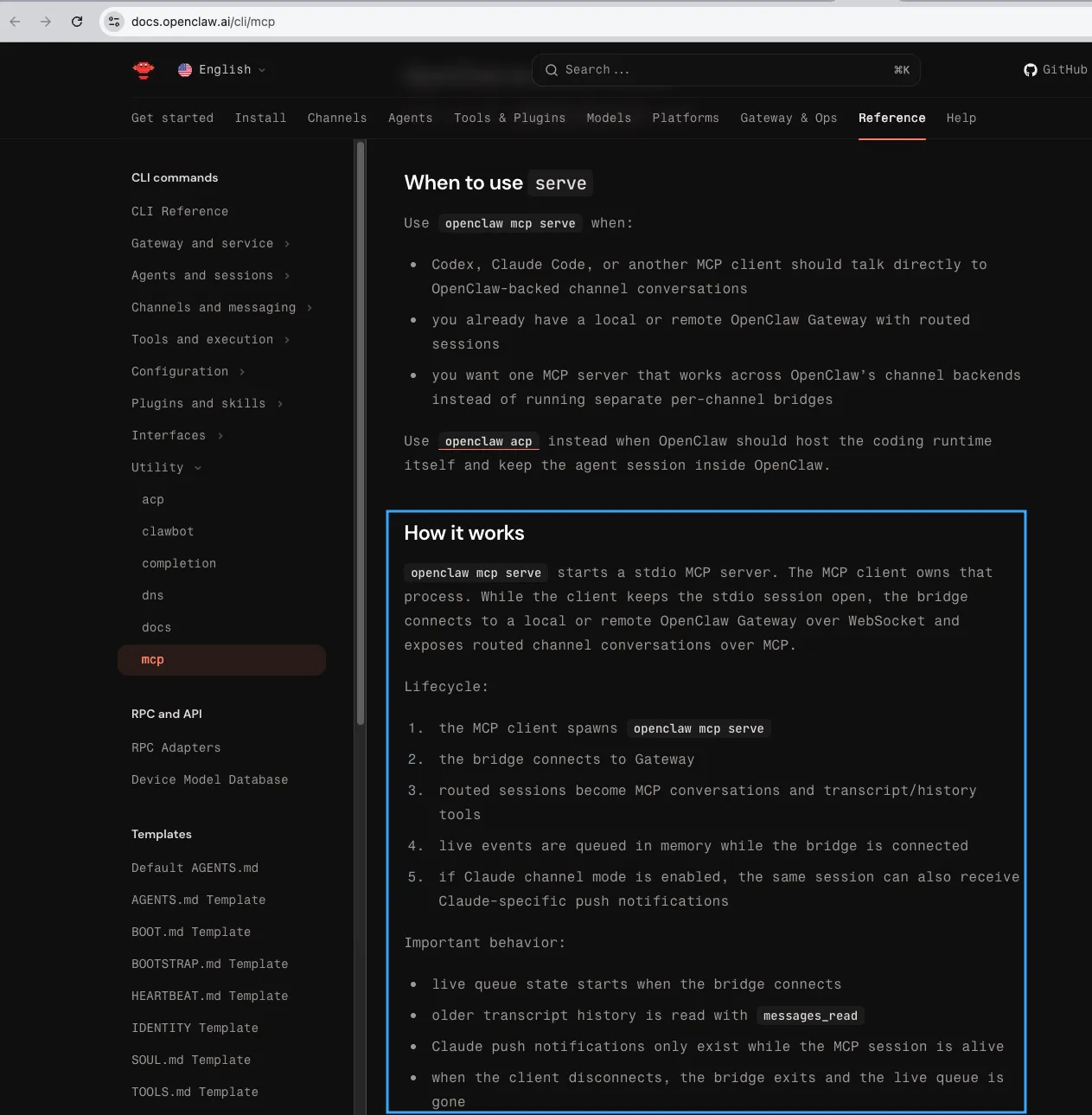 Tài liệu OpenClaw giải thích về lệnh openclaw mcp serve