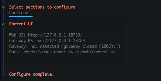 Chọn Continue tại Select sections to configure sau khi cấu hình