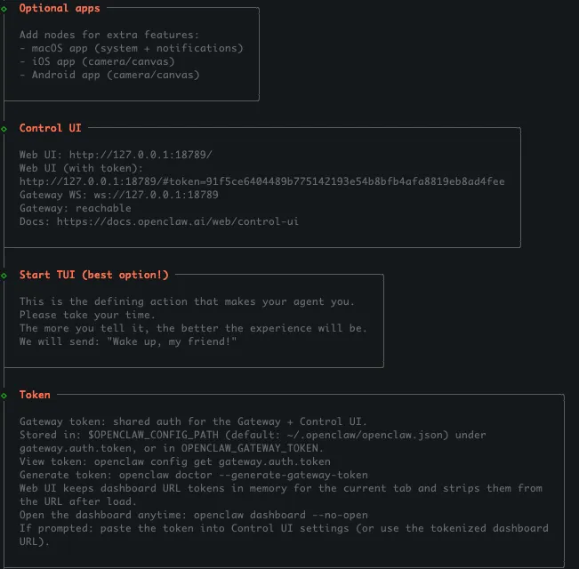 OpenClaw tự động chạy các phần Optional apps, Control UI, Start TUI (best option!), Token 