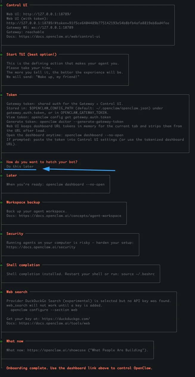 Chọn Do this later và đợi Openclaw hoàn tất cài đặt 
