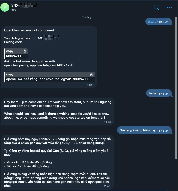 Kết nối thành công OpenClaw với Telegram 