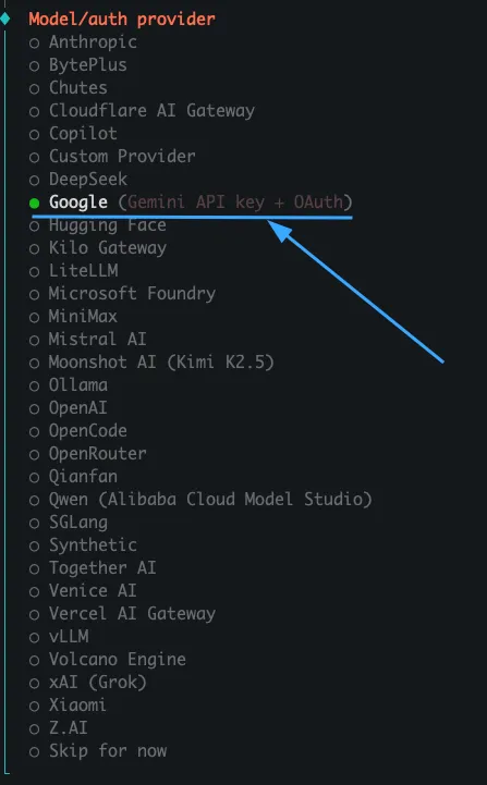 Tại Model/auth provider chọn Google 