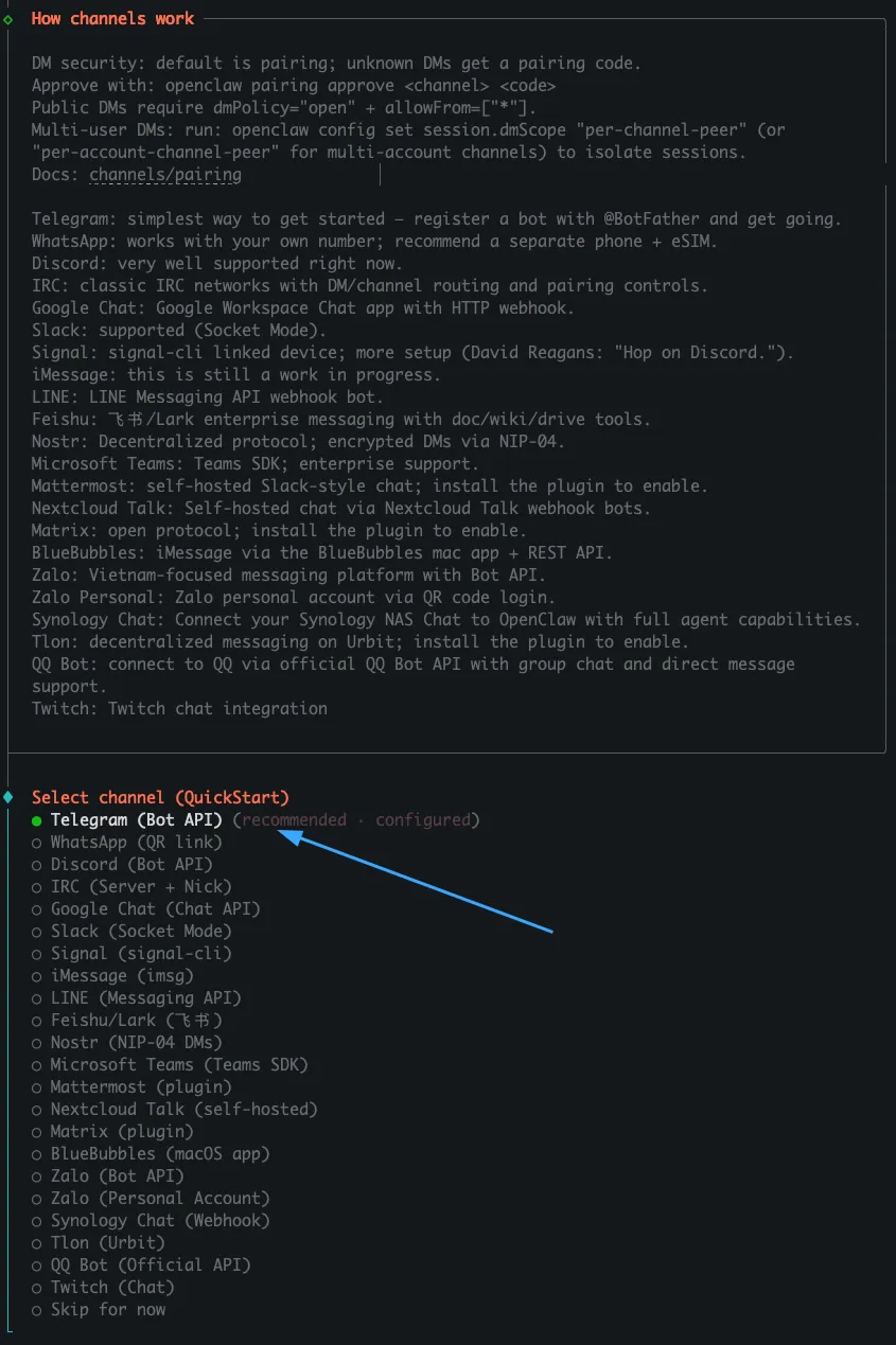 Chọn Telegram (Bot API) từ các channel được hỗ trợ 
