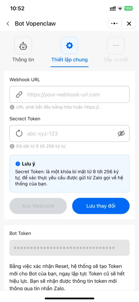 Giao diện cài đặt Webhook URL của chatbot