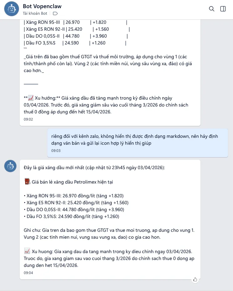 Bot đã được kích hoạt và bắt đầu phản hồi câu hỏi