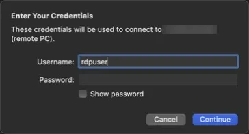 Nhập tài khoản rdpuser và mật khẩu VPS 